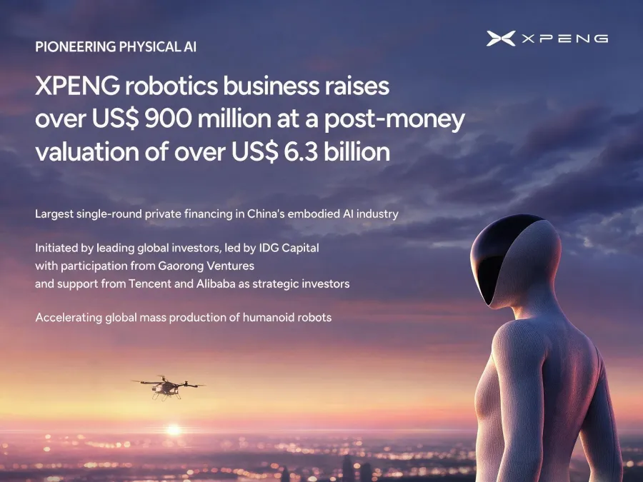 XPeng announcement graphic: robotics business raises over US$900 million at a post-money valuation of over US$6.3 billion